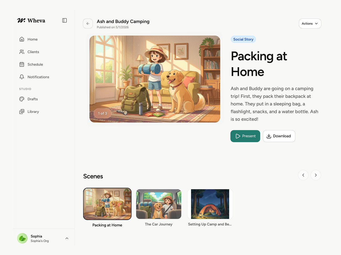 Studio Stories feature showing social story builder