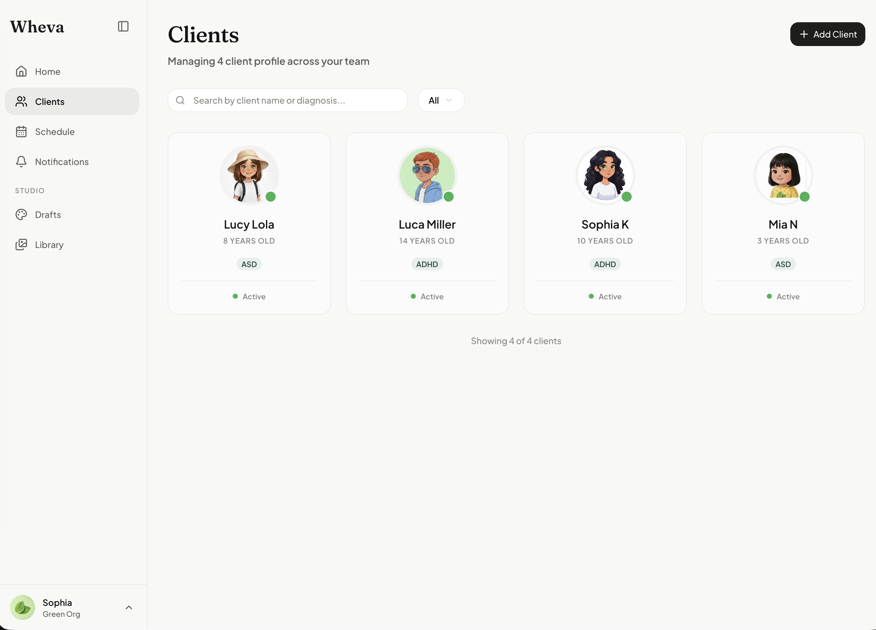 Client list view showing your team and all clients in one workspace